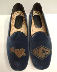 Gucci Marmara Blue Velvet Embroidered Slip-On Loafers Men's Size: 7.5 - Picture 1 of 11