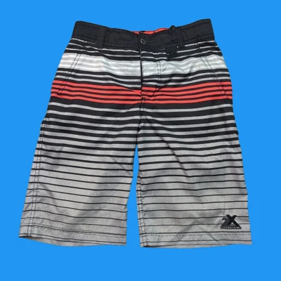 Pantalones cortos de natación ZeroXposur para niños M 10/12 negros grises a rayas Beach2Street Boardshorts Foto 1 de 4