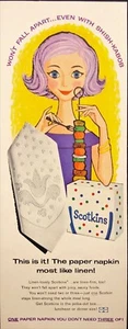 Servilletas de papel Scotkins Shish-Kabob dama con cabello morado anuncio impreso vintage 1959 - Imagen 1 de 5
