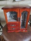 Vtg Wooden Jewelry Box Cabinet Chest Armoire Organizer Floral Etched Glass Doors