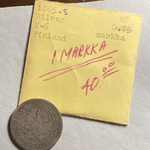 Finland 1865 S Silver 1 Markka Better Date - Picture 1 of 13
