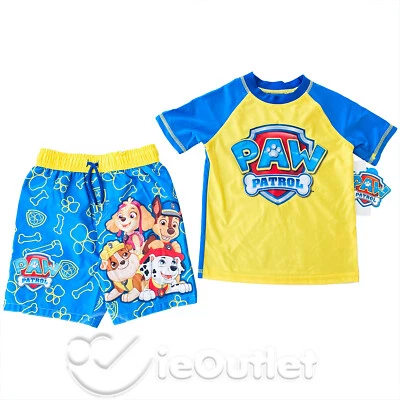 NEW Paw Patrol Swim Suit Board Shorts Trunks & Rash Guard Shirt Set Blue Yellow - Image 1 of 4