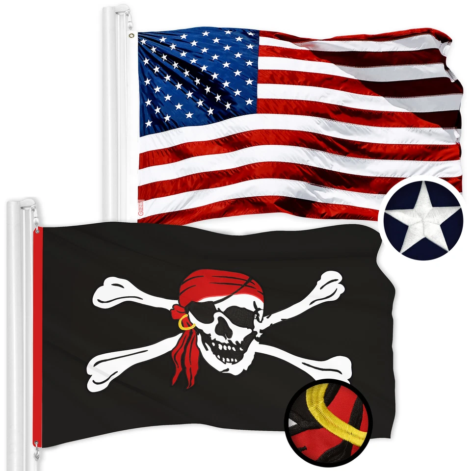 G128 Combo USA Flag & Pirate Jolly Roger Red Head Scarf Flag 3x5Ft Emb 300D Poly