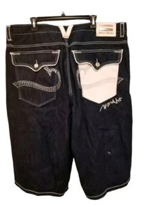 COOGI Vtg Baggy Hip-Hop Raver Y2K Blue Denim Leather Trim Shorts Men's Sz 42" - Picture 1 of 22