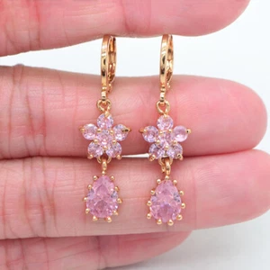 18K Yellow Gold Filled Women Fashion Pink Mystic Topaz Flower Teardrop Earrings - Picture 1 of 4