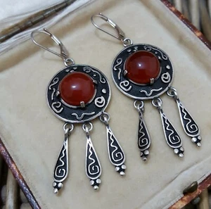 Vintage 925 Sterling Silver Earrings, Natural Red Agate Gemstones Dangle - Picture 1 of 6