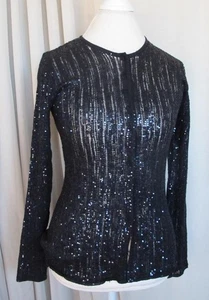 DONNA KARAN Top M Black Sequined Long Sleeves Button Down NWT - Picture 1 of 6