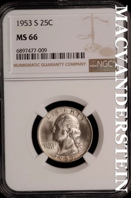 1953-S Washington Quarter - NGC MS 66 - Scarce  No Reserve  #SLJ195 - Image 1 of 2