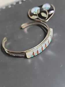 Teme Indianer Sterling Manschette Intarsien 13 mm Zierliches Armband + Alpaka Herz Pin - Bild 1 von 24