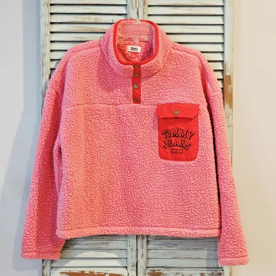 TOMMY JEANS FAUX FUR CROP TOP Women XL Pink Red Fuzzy Snap Outdoor Pullover NWOT - Image 1 of 4