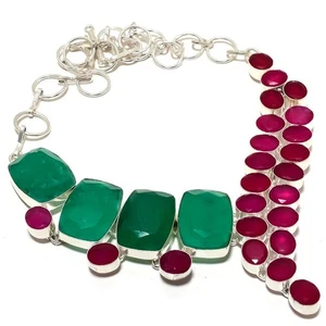 Emerald(Simulated), Ruby Gemstone 925 Sterling Silver Jewelry Necklace 18" - Picture 1 of 1