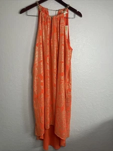 Michael Kors High/Low Neck Chain Link Dress, Poppy/Metallic Gold, Size Large Neu mit Etikett - Bild 1 von 10