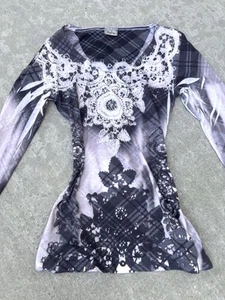 Vintage Day Trip Bling Tee Long Sleeve Whimsical Goth Streetwear Sz M Lace Print - Picture 1 of 7