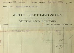 John Leffler Co Vinos Licores Columbia Vino y Licor Nueva York Recibo 1908 - Imagen 1 de 5