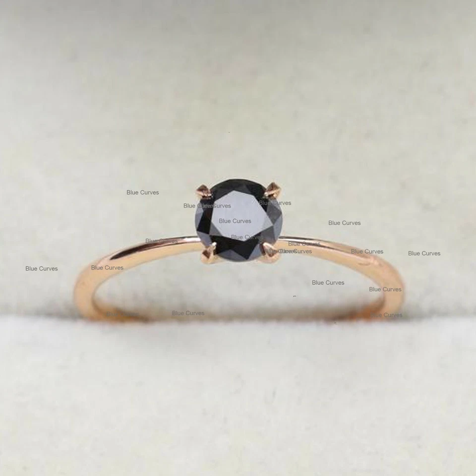 Anillo solitario genuino banda diamante negro sólido oro rosa de 14 k joyería hecha a mano Foto 1 de 3