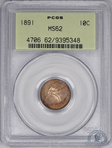 1891 Seated Liberty Dime 10c PCGS MS62 OGH (Toned) Cover