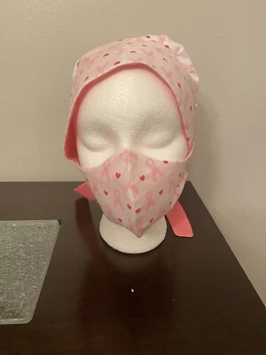 Scrub cap with buttons sweat band and face mask set #pinkribbon #breastcancer - Image 1 of 4