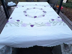 Vintage Embroidered Coverlet , Cotton ,  Purple Flower Ring Circle  78" x 90" - Picture 1 of 17