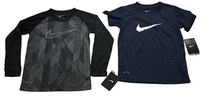 Lot (2) NIKE Boy's 5 Dri-FIT Swoosh LS/SS T-Shirt Tee BLACK/Blue NWT - Picture 1 of 10