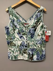 Women's Button Down Sleeveless Linen Blouse Shirt 12 Casual Blue/Green Preppy - Picture 1 of 8