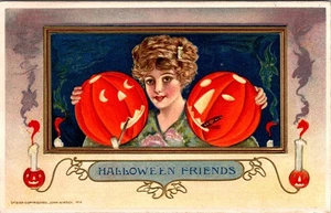 Postal de Halloween Amigos Samuel Schmucker Winch Girl 2 Jack O Lanterns KB132 - Imagen 1 de 2