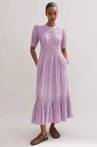 ME & EM Lilac Maxi Dress 12 40 Cheesecloth Smocked Tiered Half Sleeve Pockets - Picture 1 of 13