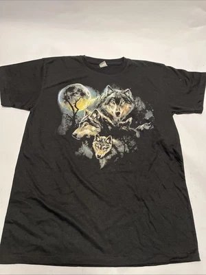Native Crafts 3 Wolves Moon Black T-Shirt Front/Back Image Native American XL - Image 1 of 4