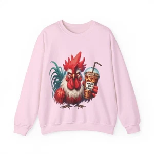 Funny Coffee Rooster Sweatshirt “Wake Up Call” Unisex Cozy Farm Lover Pullover - Picture 1 of 21