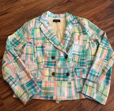 Blazer Talbots Madras Jaqueta Algodão Madras Tamanho 10 Multicolorido Patchwork Xadrez - Imagem 1 de 4