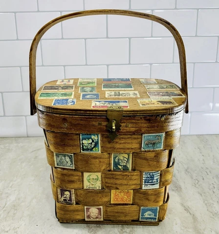 Vintage Woven Wood Basket Stamp Collage Decoupage Purse Retro 70s Hinged Lid Cover