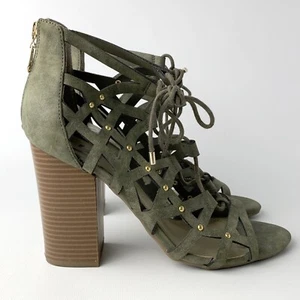 G by Guess Olive Green Suede Lace-Up Cutout Block Heel Sandals Size 9.5m - Picture 1 of 11
