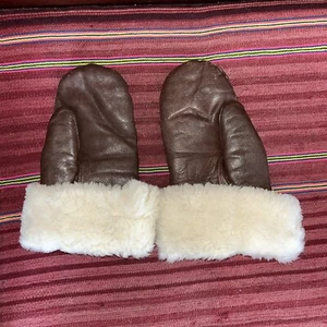 Vintage Brown Leather Fleece Lining Winter Mittens High Gauntlet Wrist or Cuff M - Picture 1 of 5
