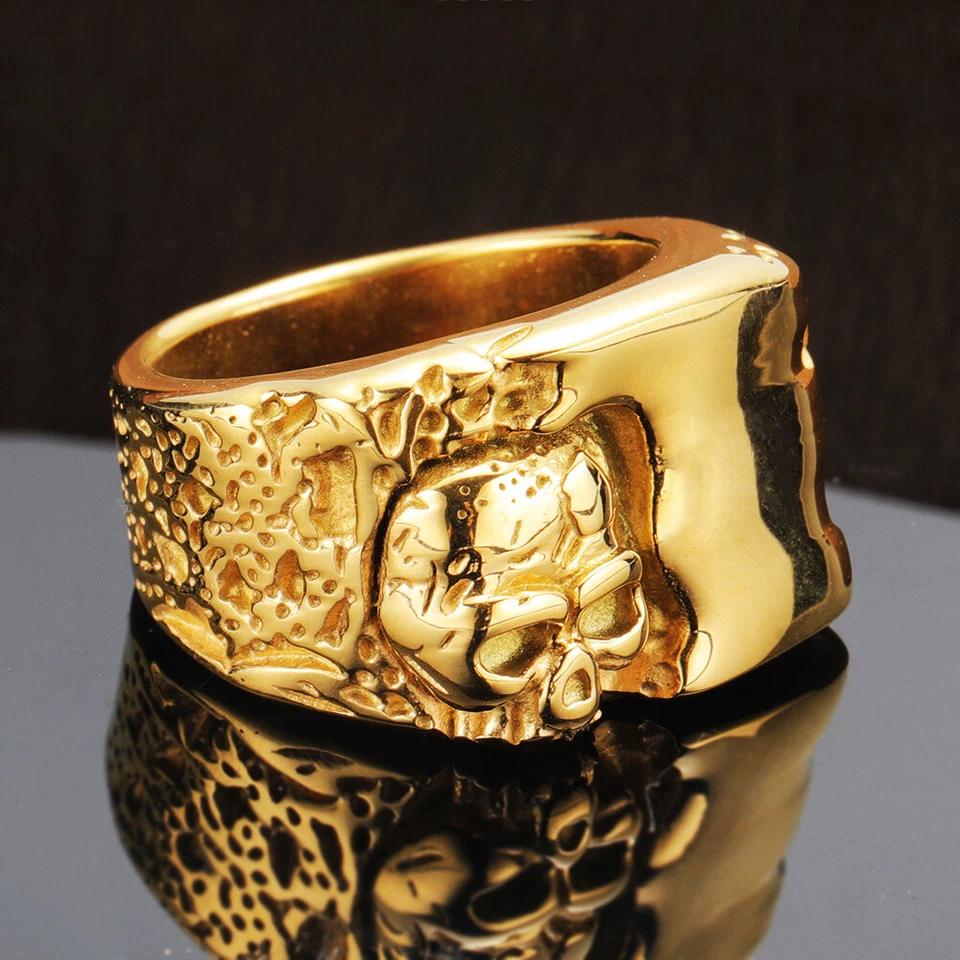 Men's Powerful Gothic Skull Signet Ring Stainless Steel Gold Plated Skull Ring - Image 1 of 1