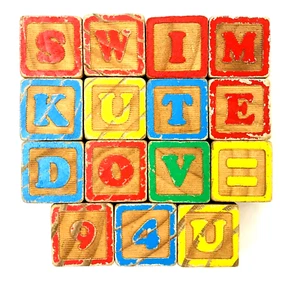 Vintage ABC Kids 15 Pc Wooden Letters Numbers Pictures Stacking Blocks Toy Set - Picture 1 of 3