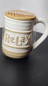 Inspiring White Stoneware Mugs With Lids. “DREAM” & “RELAX”- Brand New - Picture 1 of 2