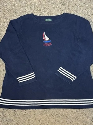 Ralph Lauren 2X 海军蓝帆船长袖毛衣白色条纹大码女式 — 第 1/4 张图片