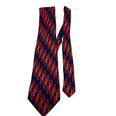 Lanvin Париж винтажный 100% шелк галстук синий красный геометрический узор сделано во Франции - Изображение 1 из 4