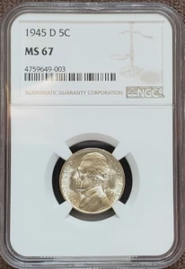 1945 D Jefferson Nickel MS 67 NGC Wartime Silver 5c - Picture 1 of 2