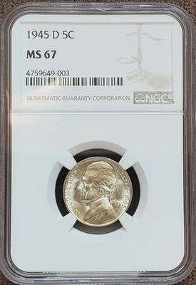 1945 D Jefferson Nickel MS 67 NGC Wartime Silver 5c - Image 1 of 2