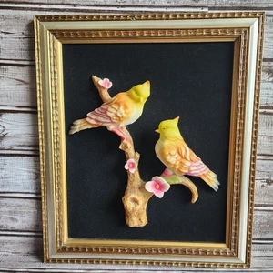 Arte da parete vintage canarini gialli floreali su un ramo 3D con cornice biscotto - Foto 1 di 9
