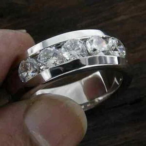 5.00Ct Round Moissanite Men's 5-Stone Wedding Band Ring Real 925 Sterling Silver - Picture 1 of 7