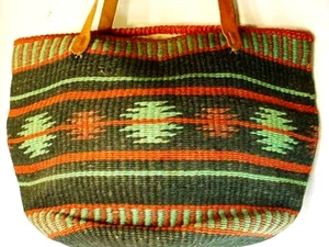 Vtg 70s Boho Woven Tote Bucket Purse Market Bag Leather Straps Jute Hippie Sisal - Picture 1 of 8