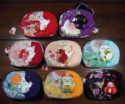 DUOXI Lucky Cat Japan Maneki Neko Chirimen Kimono Silk makeup Purse camera bag phone