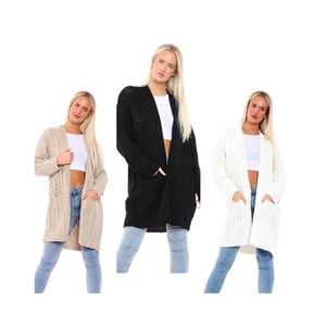 Women's Cable Knitted Long Sleeve 2 Pocket Open Front Slouchy Cardigan UK 8-22 - Picture 1 of 6