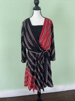 White House Black Market Silk Striped Dress with Belt and Long Sleeves - Image 1 of 4