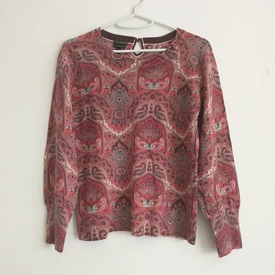 Talbots 套衫毛衣女式 M/S* 红色佩斯利花卉美利奴羊毛锁眼  — 第 1/4 张图片