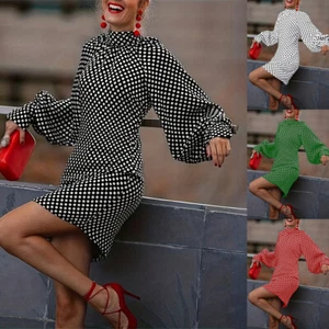 Women Long Sleeve Polka Dot Mini Dress Ladies High Neck Holiday Beach Sundress - Picture 1 of 21