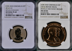 2016 Coin and Chronicles Ronald Reagan + Medal $1 NGC REVERSE PROOF PF 69/68