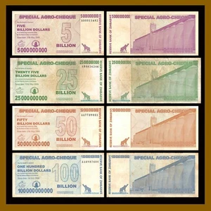 Zimbabwe 5 25 50 100 Billion Agro Cheque Check (4 Pcs Set), 2008 Used Circulated - Picture 1 of 5