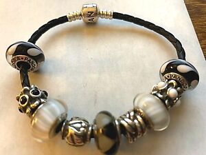Authentic PANDORA Black Braided Leather Bracelet with 9 Sterling Charms 7 3/8"